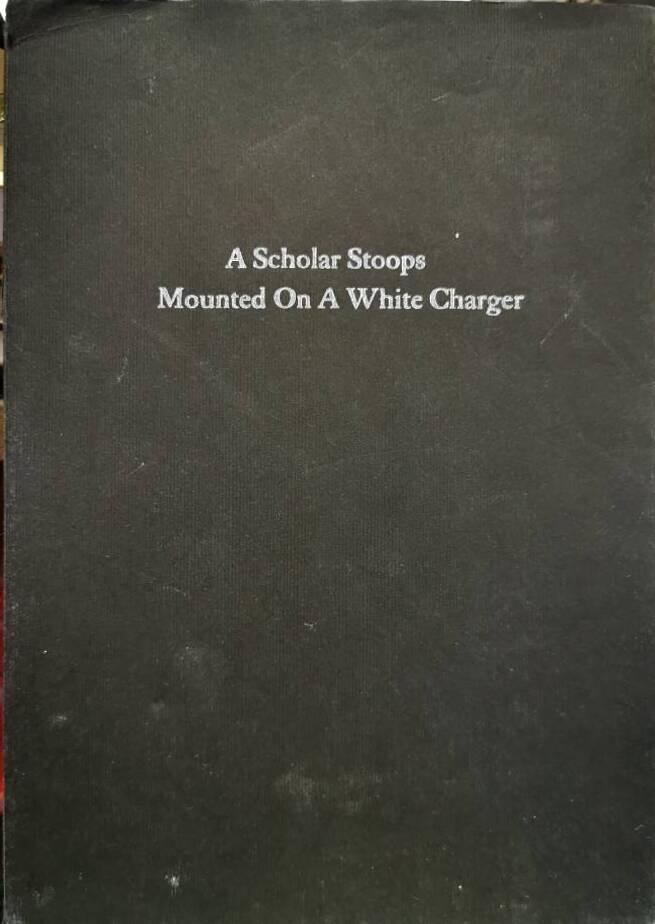 A scholar stoops mounted on a white charger