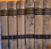 Statens j&auml;rnv&auml;gar 1856-1906 I-iV & 1906-31 I-II (komplett). 1: Historisk-teknisk-ekonomisk beskrifning / i anledning af Statens j&auml;rnv&auml;gars femtio&aring;riga tillvaro utgifven p&aring; Kungl. Maj:ts n&aring;diga befallning af J&auml;rnv&auml;gsstyrelsen . 2. minnesskrift i anledning av de svenska statsbanornas 75-&aring;riga tillvaro 