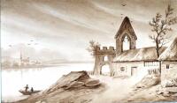 ROMANTISK VY. Laverad teckning i passepartout, ca 1840