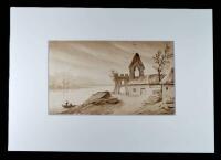 ROMANTISK VY. Laverad teckning i passepartout, ca 1840