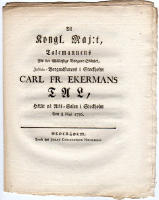 Til Kongl. Maj:t, Talemannens f&ouml;r det W&auml;lloflige Borgare-St&aring;ndet, Justitiae-Borgm&auml;starens i Stockholm Carl. Fr. Ekermans tal, h&aring;llit p&aring; Riks-Salen i Stockholm Den 8 Maji 1786
