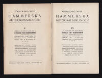F&ouml;rteckning &ouml;fver Hammerska autografsamlingen. V-VI (av XIV). Auktion h&auml;r&aring; &auml;ger rum &aring; Stockholms stads bokauktionskammare (Myntgatan 4) 19 september 1917 & 15 december 1917