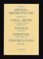 Antikvariat Antiqua Catalogue 9, 1992. Applied and decorative art including books on gold and silver from the library of the late Carl Hernmarck, textiles and costume, furniture and interior decoration, ceramics, glass, etc., etc. compiled by J Dahlberg