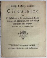 [Farmakologi] Kongl. Collegii Medici Circulaire om Beskaffenheten af de Medicaments-Requisitioner och R&auml;kningar, som till Collegii granskning skola ins&auml;ndas. 