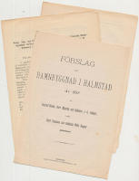 [Halmstads hamn] Kongl. V&auml;g- och vattenbyggnads-styrelsens svar p&aring; Halmstads hamnstyrelses skrifverlse med bifogadt f&ouml;rslag, af herr civil-ingeni&ouml;r H. Holmberg i Varberg, till f&ouml;rb&auml;trande af Halmstads hamn. + F&ouml;rslag till hamnbyggnad i Halmstad &aring;r 1885 af distrik-chefen, herr majoren och riddaren J. G. Richert, samt herr kaptenen och riddaren Wilh. Gagner gemensamt. + Finansplan eller approximativ ber&auml;kning &ouml;fver hamnens blifvande finansiella st&auml;llning under &aring;ren 1886-1891.