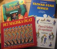 Fyra böcker med experiment och pyssel för barn: 1. Påsen & Sorken gör experiment - Fysik för barn / 2. Det magiska ögat - Fantastika 3D-bilder utan speciella glasögon / 3. Teckna egna serier / 4. Kul med bilder