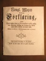 Kongl. Maj:ts N&aring;dige Allm&auml;nne, Stadga Och Ordning, F&ouml;r Hafs- Sk&auml;r- Str&ouml;m- och Insj&ouml; Fiske Gifwen Stockholm i R&aring;d-Cammaren then 14 November 1766. samt Kongl. Maj:ts och Riksens Cantzlie-Collegii Kundg&ouml;relse, Til R&auml;ttande af n&aring;gra felaktigheter som inlupit uti the utg&aring;ngne Exemplaren af Kongl. Maj:ts N&aring;diga allm&auml;nna Stadga och Ordning f&ouml;r Rikets Hafs- Sk&auml;r- Str&ouml;m och Insj&ouml; fiske. Stockholm then 30 Sept. 1767. samt Kongl. Maj:ts N&aring;dige F&ouml;rklaring, &Ouml;fwer Thes under then 14 November 1766, utf&auml;rdade Allm&auml;nna Stadga och Ordning f&ouml;r Rikets Hafs- Sk&auml;r- Str&ouml;m- och Insj&ouml; Fiske. Gifwen Stockholm i R&aring;d-Kammaren then 24 Januarii 1771