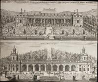 Domus in Horto Carlbergensi... [Kopparstick fr&aring;n Suecia Antiqua et Hodierna. Byggnad kallad orangeriet i Karlbergs tr&auml;dg&aring;rd, vari under vintertiden f&ouml;rvaras en utvald samling av s&auml;llsynta blommor och alla slags fr&aring;n fj&auml;rran l&auml;nder h&auml;mtade v&auml;xter. / Promenadplats i Karlbergs tr&auml;dg&aring;rd]