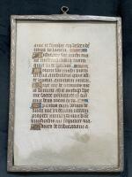 Inramat illuminerat pergamentblad ur bönbok. 1400-tal