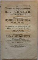D&aring; F&auml;ndriken vid Uplands Regemente till Fot Herr Conrad von Vegesack med Mademoiselle Barbro Christina Waldner. Och Adjutanten vid samma Regemente Herr Johan Graaner med Mademoiselle Anna Margareta Waldner sammanvigdes i Rasbo probsteg&aring;rd den 11 Junii 1768