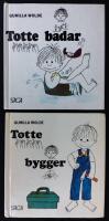 Totte x 2: 1. Totte badar. 2. Totte bygger.