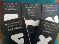 Litteraturens klassiker. Medeltidens litteratur, lyrik och drama.Medeltidens litteratur, episk diktning.Ren&auml;sanssens litteratur, dramatik och lyrik.Tre 1700-tals romaner, Voltaire Diderot Goethe.Europeisk lyrik, Romantiken
