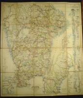 Ny och fullst&auml;ndig Jernv&auml;gskarta &ouml;fver Sverige, upptagande alla jernv&auml;gar med stationer, kanaler,st&ouml;rre landsv&auml;gar, herres&auml;ten, jernbruk, grufvor, m. m. Efter officiella uppgifter utarbetad af H. Schlachter. (..).