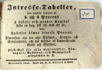 Intresse-Tabeller, som utwisar beloppet af 5 och 6 Procent &aring; st&ouml;rre och mindre Kapital fr&aring;n en dag till och med ett &aring;r, samt Tabeller &ouml;fwer diverse Procent. &Auml;fwensom om det nya Silfwer-, Koppar- och Sedelmyntet, och om w&auml;rdet af kontrolleradt Guld och Silfwer. Fick-Bok f&ouml;r alla Kapitalister, L&aring;ntagare, Auktions- och Bouppteckningsm&auml;n m. fl.