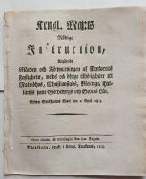 Kongl. Maj:ts N&aring;diga Instruction, Ang&aring;ende W&aring;rden och F&ouml;rwaltningen af Kyrkornas Fastigheter, medel och &ouml;frige tilh&ouml;righeter uti Malm&ouml;hus, Christianstads, Blekinge, Hallands samt G&ouml;theborgs och Bohus L&auml;n. Gifwen Stockholms Slott den 12 April 1815.