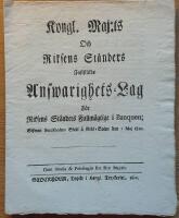 - Kongl. Maj:ts Och Riksens St&auml;nders Fastst&auml;lde Answarighets-Lag F&ouml;r Riksens St&auml;nders Fullm&auml;gtige i Banquen; Gifwen Stockholms Slott &aring; Riks-Salen den 1 Maj 1810. 