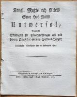 - Kongl. Maj:ts och Rikets Swea Hof-R&auml;tts Uniwersal, Ang&aring;ende Skyldighet f&ouml;r H&auml;radsh&ouml;fdingar att wid hwarje Tings slut aflemna Sak&ouml;res-L&auml;ngd; Utf&auml;rdadt i Stockholm den 21 Februarii 1817.