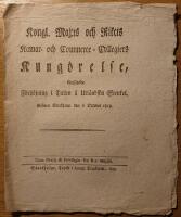 - Kongl. Maj:ts och Rikets Kamar- och Commerce-Collegiers Kung&ouml;relse, Ang&aring;ende F&ouml;rh&ouml;jning i Tullen &aring; Utl&auml;ndska Stenkol. Gifwen Stockholm den 6 October 1813.
