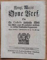 Kongl. Majts &Ouml;pne Bref, Om En Collects samlande &ouml;fwer hela Riket, jemte Stamb&ouml;ckers inr&auml;ttande, til &Aring;bo Domkyrkios Reparation. Gifwen Stockholm i R&aring;d-Cammaren then 18. Dec. &aring;hr 1738.