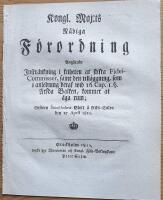 - Kongl. Maj:ts N&aring;diga F&ouml;rordning Ang&aring;ende Inskr&auml;nkning i friheten at stifta Fidei-Commisser, ... 16. Cap. I. &sect;. &Auml;rfda Balken, kommer at &auml;ga rum; Gifwen Stockholms Slott &aring; Riks-Salen den 27 April 1810.