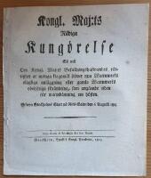 - Kongl. Maj:ts N&aring;diga Kung&ouml;relse S&aring; w&auml;l Om Kongl. Maj:ts Befallningshafwandes r&auml;ttighet at uptaga klagom&aring;l &ouml;fwer nya Wattnwerks olagliga oml&auml;ggning eller gamla Wattnwerks obeh&ouml;riga f&ouml;r&auml;ndring, som ang&aring;ende tiden f&ouml;r wattnd&auml;mning om h&ouml;sten. Gifwen Stockholms Slott p&aring; Riks-Salen den 6 Augusti 1815.