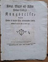 Kongl. Maj:ts och Rikets Kamar-Collegii Kung&ouml;relse, Ang&aring;ende Tullen &aring; utrikes ifr&aring;n inkommande Hwete. Gifwen Stockholm den 26 Martii 1811.