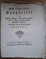 - Kongl. Collegii Medici Kung&ouml;relse Om Prisets jemkning &aring; wissa Medicamenter, d&aring; de i st&ouml;rre quantiteter ifr&aring;n Apotheken requireras. Med Kongl. Maj:ts N&aring;digste samtycke. Gifwen Stockholm den 28 Maji 1810.