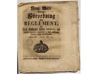 Kong. Maj:ts n&aring;digste f&ouml;rordning och reglement, f&ouml;r dess betiente under militien och lands-staten, ang&aring;ende de dem anslagne hemmans h&auml;fd och nyttiande. Gifwen den 5 januarii &aring;hr 1684