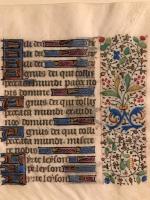 Vackert litet blad ur en illuminerad handskrift, Livres d&acute;Heures, Tideg&auml;rdsbok p&aring; latin, Paris cirka 1460