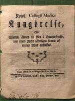 Hungersn&ouml;d 1700-tal: Kongl. Collegii Medici Kung&ouml;relse om s&aring;dana &auml;mnen til f&ouml;da i hungers-n&ouml;d, som inom Riket l&auml;tteligen kunna af menige Man anskaffas