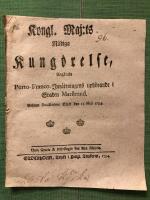 Marstrand: Kongl. Maj:ts ..Kung&ouml;relse ang&aring;ende Porto-Franco-Inr&auml;ttningens Uph&ouml;rande i Staden Marstrand