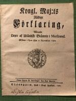 Marstrand - br&auml;nnvin:  Kongl. Maj:ts N&aring;dige F&ouml;rklaring r&ouml;rande Lager af utl&auml;ndskt Br&auml;nwin i Marstrand