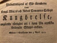 Upphittade ankare:  Kongl. Maj:ts...Kung&ouml;relse ang&aring;ende r&auml;ttighet att i &ouml;pna sj&ouml;n uppfiska f&ouml;rlorade Skepps-ankare