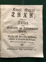 Tullar - 1700-tal: Kongl. Maj:ts Taxa hwarefter Tullen upp&aring; Utg&aring;ende och Inkommande Waror wid Ryska och Norrska Gr&auml;nsen kommer at Ber&auml;knas och Erl&auml;ggas.  