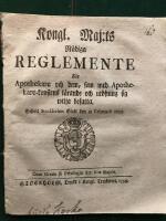 Apotekarreglemente Sverige 1700-tal:  Kongl. Maj:ts Reglemente f&ouml;r Apothekare och dem, som med Apothekare-konstens l&auml;rande och ut&ouml;fning sig wilja befatta. 