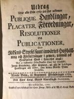Utdrag utur alla ifr&aring;n 1767 &aring;rs slut utkomne Publique handlingar, Placater, F&ouml;rordningar, Resolutioner och Publicationer, som Riksens Styrsel samt inw&auml;rtes hush&aring;llning och f&ouml;rfattningar i gemen, jemw&auml;l ock Stockholms stad i synnerhet ang&aring;: Med et fullkomligt Orda-Register &ouml;fwer des Inneh&aring;ll...