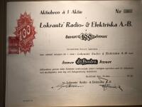 Aktiebrev &aring; 1 aktie. Lokrantz Radio- & Elektriska A.-B.