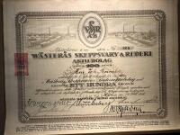 Aktiebrev. W&auml;ster&aring;s Skeppsvarva & Rederiaktiebolag. W&auml;ster&aring;s den 14 okt 1918