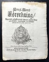 Kongl. May:tz F&ouml;rordning, Ang&aring;ende afgifften wid fahrten genom Baggens St&auml;ket, som f&ouml;liande Taxa utwisar, Gifwit Heilsberg den 7 junij 1704.