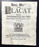 Kongl. Maj:ts N&aring;dige Placat, Ang&aring;ende Tobaksplanteringen h&auml;r i Riket. Gifwen Stockholm i R&aring;d-Cammaren den 29. Februari 1724.