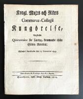 Kongl. Maj:ts och Rikets Commerce-Collegii Kung&ouml;relse, Ang&aring;ende Quarantaine f&ouml;r Fartyg, kommande ifr&aring;n S&ouml;dra America; Gifwen i Stockholm den 23 November 1819.