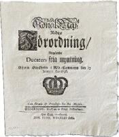 Ducaters fria myntning &ndash; KONGL. MAJ:TS N&Aring;DIGE F&Ouml;RORDNING ANG&Aring;ENDE DUCATERS FRIA MYNTNING (1736)