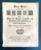 Kongl. maj:ts Ytterligare &ouml;pne P&aring;bud Emot Diur och Fogels f&aring;ngande och skiutande ifr&aring;n Midfastan til Olufsm&auml;szodagen. Gifwit Stockholm i R&aring;d-cammaren den 18. martii 1734