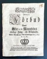 Kongl. maj:tz Ytterligare F&ouml;rbud Emot &Aring;ker- och Rapph&ouml;ns oloflige F&aring;ng- och Skiutande. Gifwit Stockholm i R&aring;d-Cammaren then 5. maji 1736