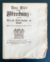 Kongl. maj:ts n&aring;dige F&ouml;rordning, Ang&aring;ende Rof- och Skade-foglars ut&ouml;dande. Gifwen Stockholm i R&aring;d-Cammaren then 16. octobris 1741
