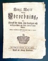 Kongl. Maj:ts N&aring;dige F&ouml;rordning, Om Straff f&ouml;r them, som hemligen och olofligen skjuta och f&auml;lla andras tama Renar. Gifwen Stockholm i R&aring;d-Cammaren then 21 Augusti 1766