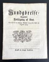 Kundg&ouml;relse, Ang&aring;ende F&ouml;rs&auml;lgning af Krut. Stockholm af Kongl. Slotts Cancelliet then 29 Augusti 1754.