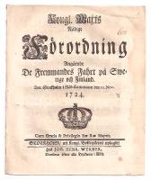 Kongl. Maj:ts N&aring;dige F&ouml;rordning Ang&aring;ende De Fremmandes Fahrt p&aring; Swerige och Finland