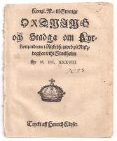 Kongl. M.tz til Swerige Ordning och Stadga om Kyrkiotijenderne i Rijkedh, giord p&aring; Rijkzdaghen vthi Stockholm &Aring;hr M. DC. XXXVIII