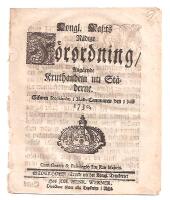 Kongl. maj:ts n&aring;dige F&ouml;rordning, Ang&aring;ende Kruthandeln uti St&auml;derne. Gifwen Stockholm i R&aring;d-cammaren den 3 julii, 1730